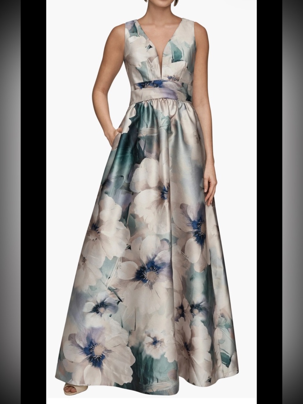 Donna Karan Floral Plunge Neck Micado Ball Gown, Sz 14/no Size Tag,newWithoutTag